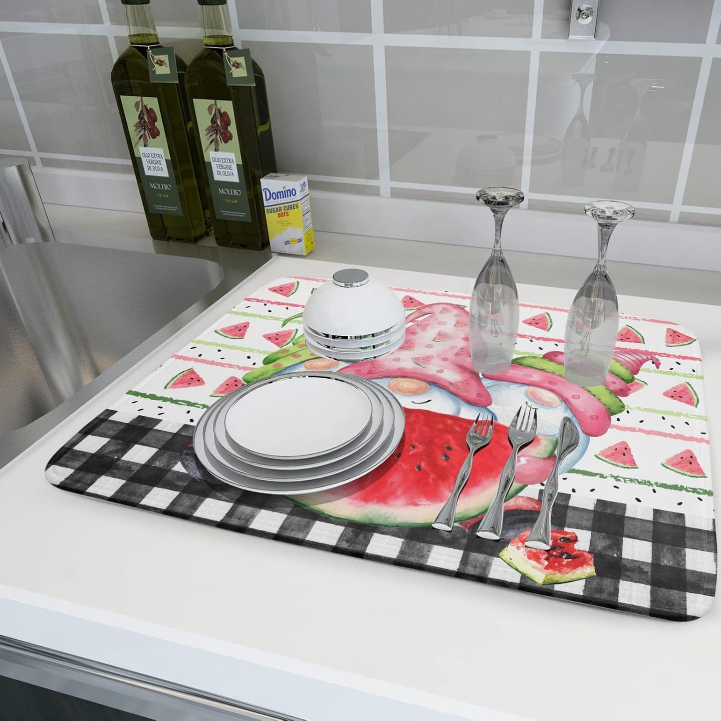 Summer Gnomes Dish Drying Mat 18x24 Inch ,Watermelon Fruit Buffalo Plaid Kitchen Dry Mats with Loop Absorbent Foldable Dishes Pad for Sink Counter Drainer Countertops Refrigerator Protector