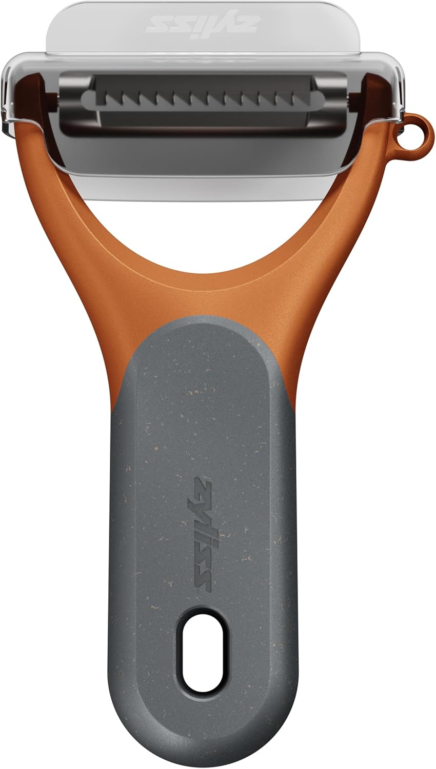 Zyliss Julienne Y Peeler – Ultra-Sharp Stainless Steel Blade for Carrots, Zucchini & Potatoes – Ergonomic Wheatstraw Grip – Built-in Eye Cutter & Safety Cover – Dishwasher Safe – Orange