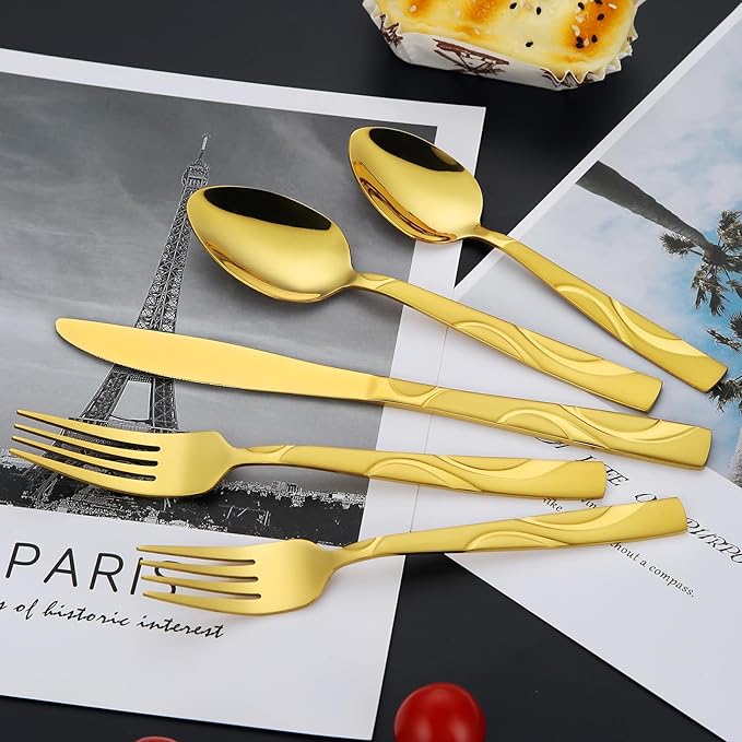 30 Pieces Gold Flatware Silverware Set, Stainless Steel Fork Spoon Knife Set Service for 6, Food Grade Cutlery Set 30-piece, Dishwasher Safe