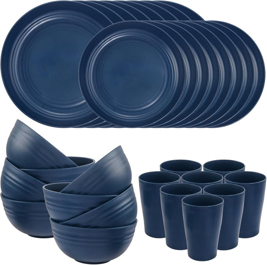 Supernal Wheat Straw Dinnerware Sets, Tableware Set for 8, Plates and Bowls Sets, Reusable Dinnerware Set, Microwave Dishwasher Safe, Blue Plastic Dinnerware Sets 16pcs Plates, 8pcs Bowls, 8pcs Cups