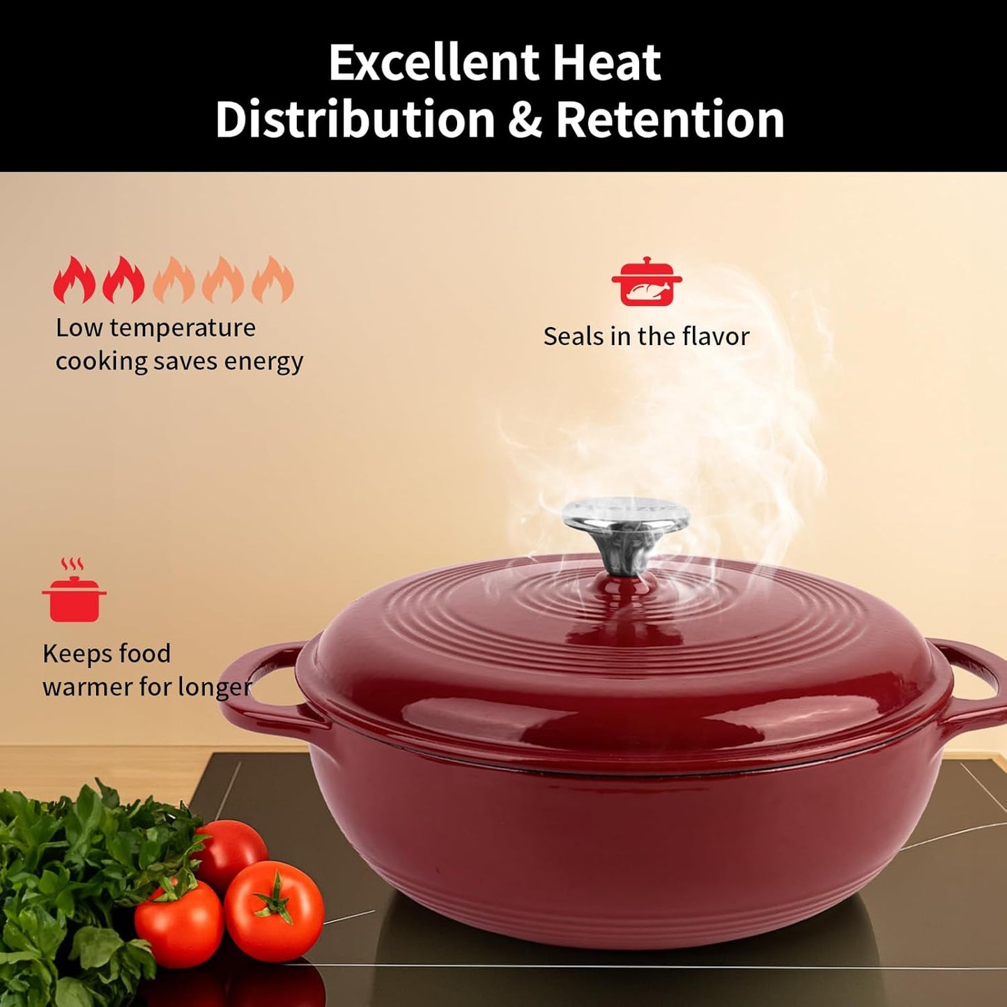 Enameled Cast Iron Dutch Oven Pot with Lid, 3 Quart Shallow Dutch Oven, Oven Safe up to 500° F, Suitable for Bread Baking, Braising, Roasting, Stews, Red