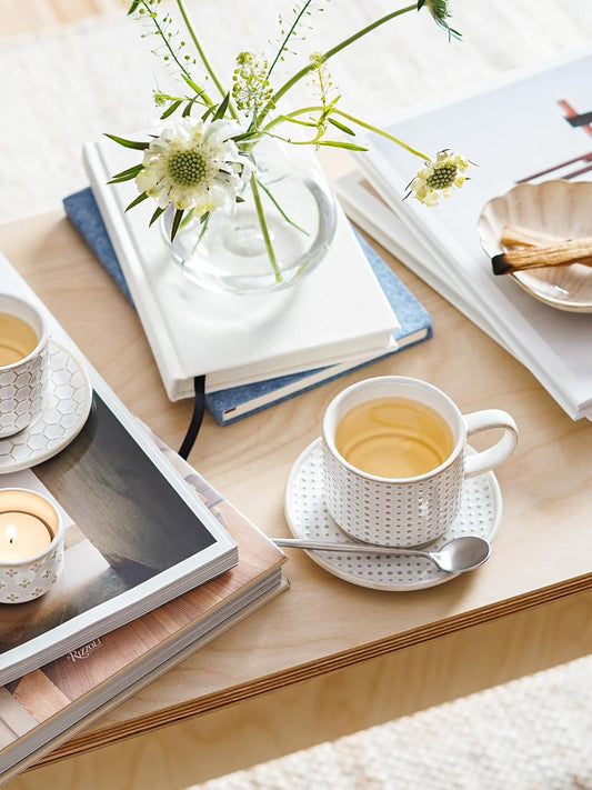 LE TAUCI Stackable Cappuccino Cups 6 oz with Saucers and Stand, Ceramic Embossed Coffee Mugs for Espresso Au Lait, Latte, Cafe, Mocha,Tea, Dishwasher Oven Safe - Set of 4, Arctic white