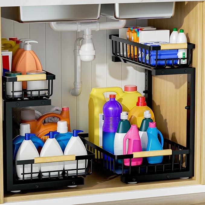 2Pcs Under Sink Organizer, Adjustable Under Sink Organizers and Storage, 2-Tier Pull Out Under Kitchen Sink Organizer, Sliding Out Metal Under Bathroom Sink Organizer for Kitchen Pantry Black