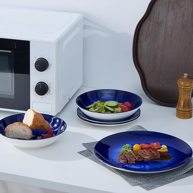 Bestone Porcelain Dinnerware Sets Service for 4, 12 pcs Hand drawn Plates and Bowls Sets, Handmade Ceramic Dish Set, Chip Resistant Modern Plate Set, Dishwasher/Microwave Safe，Dark Blue