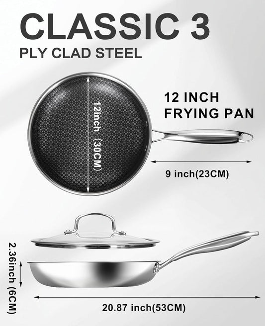 Non Stick Frying Pans with Lids, 12 Inch Fry Pan, Hybrid Large Frying Pan with Lid, Nonstick Skillet Stainless Steel, Dishwasher & Oven-Safe, Induction Compatible Cooking Pan