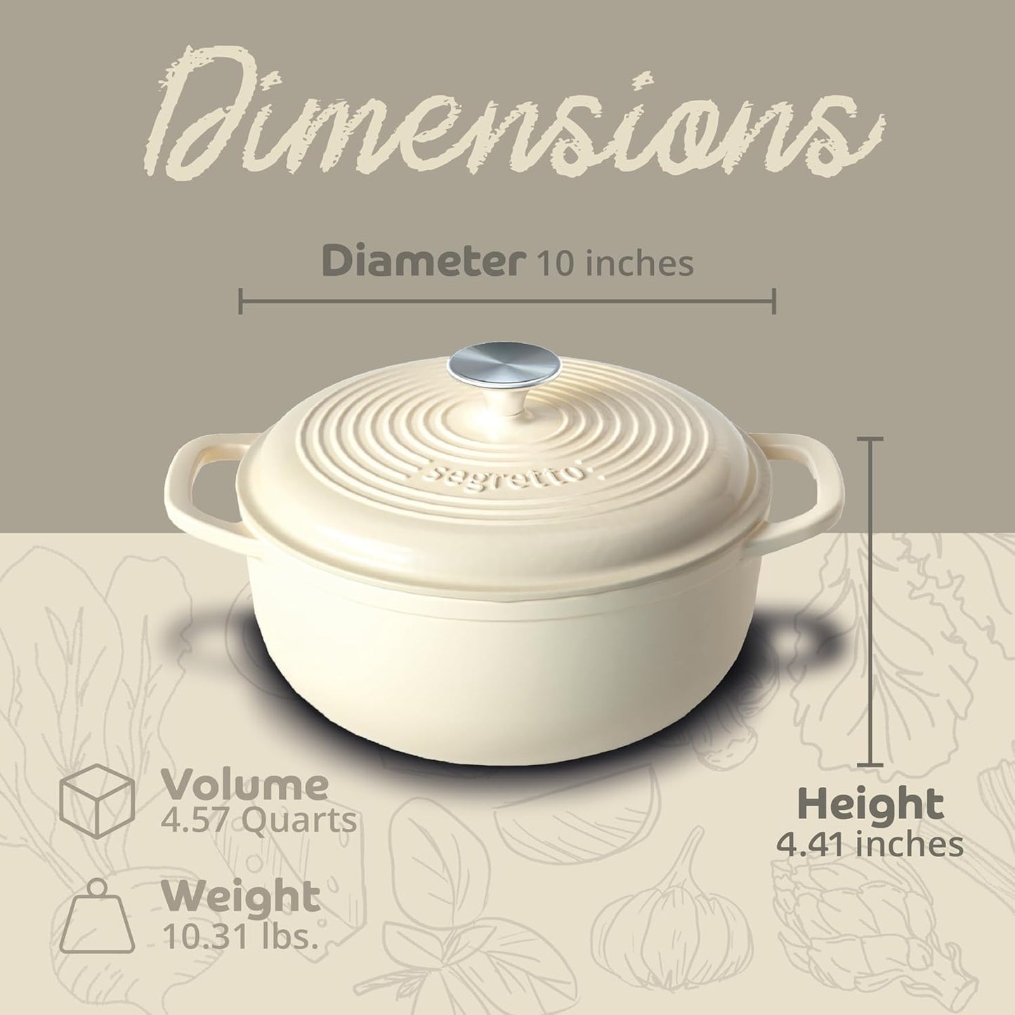 Segretto Cookware Enameled Cast Iron Dutch Oven Pot with Lid 4.57 Quarts, Bianco Perla (Off-White) White Enamel Dutch Oven Cast Iron with Handle Ceramic Cooking Pot for Bread Baking, Basting, Cooking