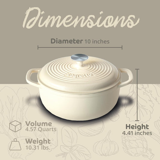 Segretto Cookware Enameled Cast Iron Dutch Oven Pot with Lid 4.57 Quarts, Bianco Perla (Off-White) White Enamel Dutch Oven Cast Iron with Handle Ceramic Cooking Pot for Bread Baking, Basting, Cooking