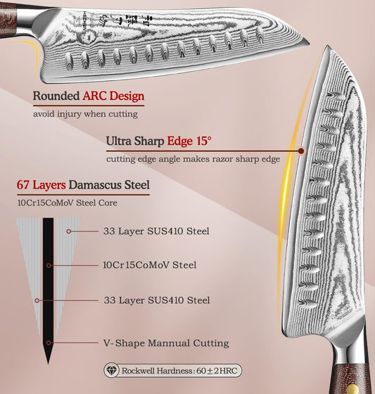 HEZHEN Santoku Knife with Wooden Sheath,7.3 Inches, 67 Layers Damascus Steel Kitchen Knife for Professional Chefs and Family, Micarta Handle,Gift Ready