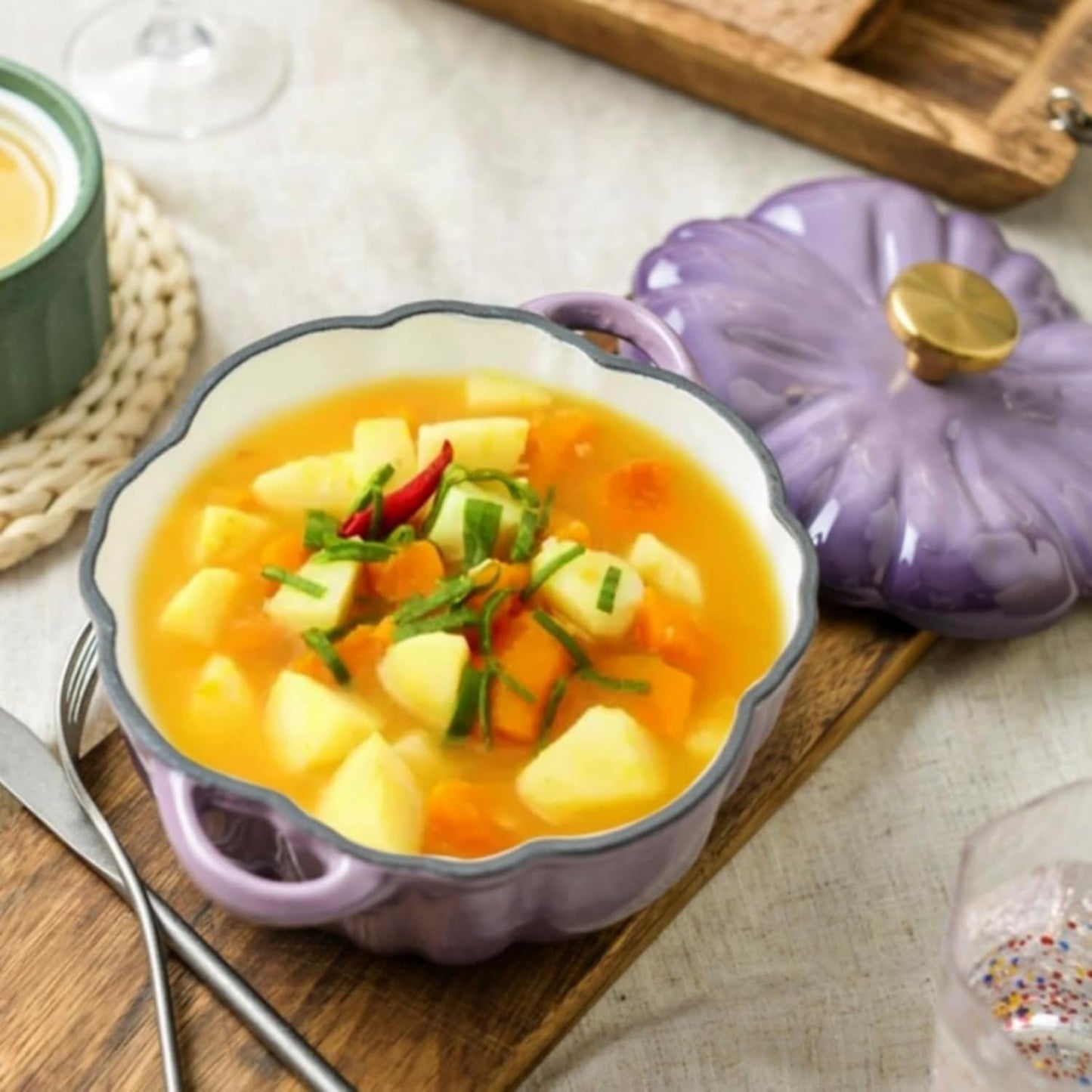 Enameled Cast Iron Pumpkin Dutch Ovens, Pumpkin Dutch Oven with Lid Covered Stockpot, 4-Quart Enameled Cast Iron Pot, Holds 2-3 Servings, Non-Stick, for All Stovetops (Purple Set B, L 7.9in)