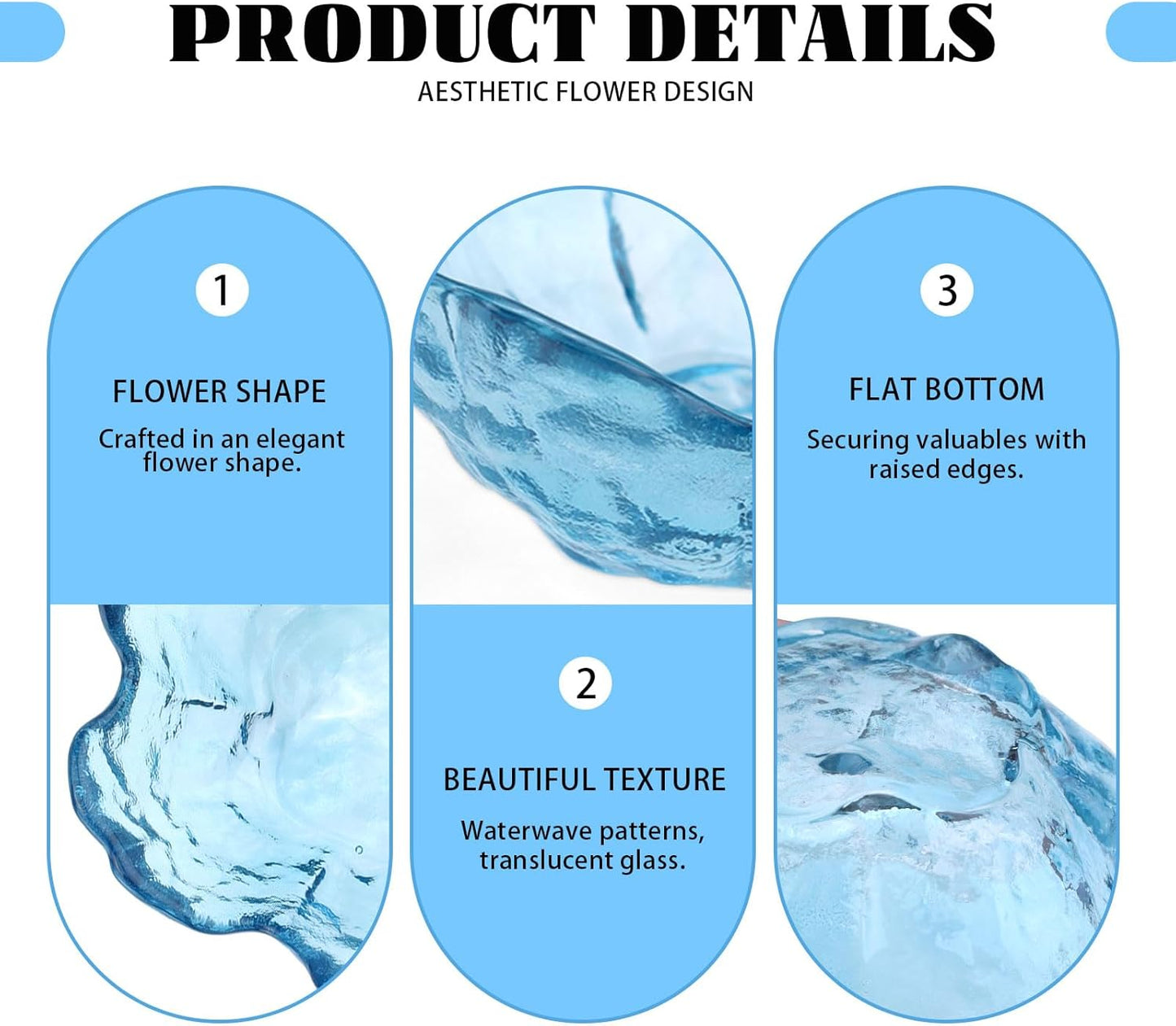 4 Pack Ring Dish Jewelry Tray, Small Glass Trinket Dish, Decorative Aesthetic Ring Holder Plate Bowl for Women Ring Earring Bracelet for Vanity Nightstand (Crystal Blue)