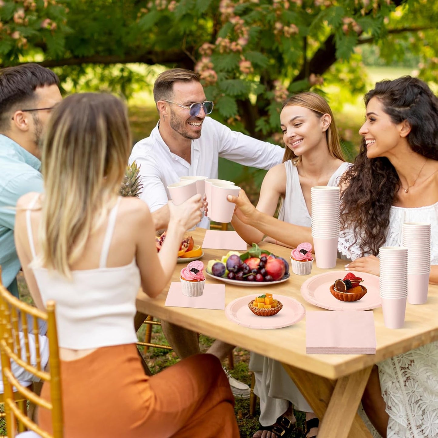 Tioncy 200 Pcs Disposable Paper Plates Cups and Napkins Party Supplies Serve 50 Guests Disposable Paper Dinnerware Set for Halloween Birthday Wedding Baby Shower Family Picnic(Pastel Pink)