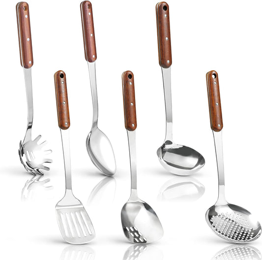 FJNATINH Stainless Steel Cooking Utensils Set, Mirror Polished 6 Pieces Kitchen Utensils Set, Kitchen Tools Set With Wooden Handle Non-Stick Heat Resistant,Dishwasher Safe, Easy to Clean