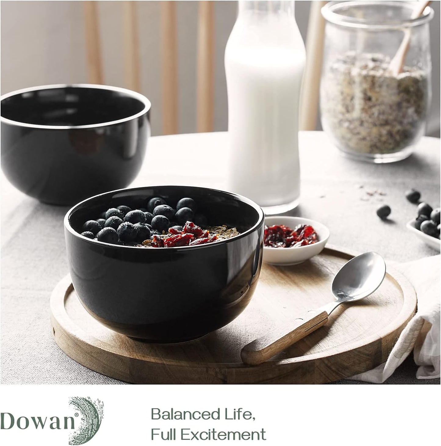 DOWAN 5.8" Deep Soup Bowls & Cereal Bowls - 30 Ounces Large Bowls Set of 4 for Kitchen - Ceramic Bowls for Cereal, Soup, Oatmeal, Salad, Ramen, Noodle, Rice - Dishwasher & Oven Safe (Black)
