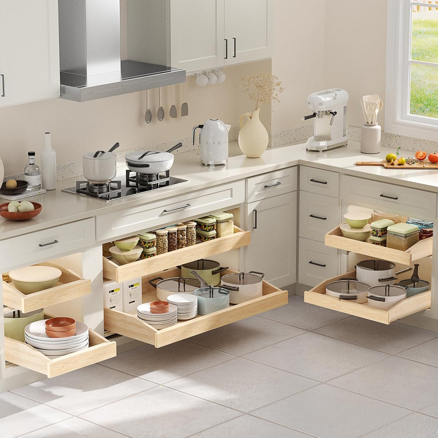 ROOMTEC Pull Out Cabinet Organizer 28-1/2" W x 21" D, Pull Out Cabinet Drawer for Kitchen cabinets with Soft Close, Pull Out Cabinet Shelf, Finished, Bottom Assembly