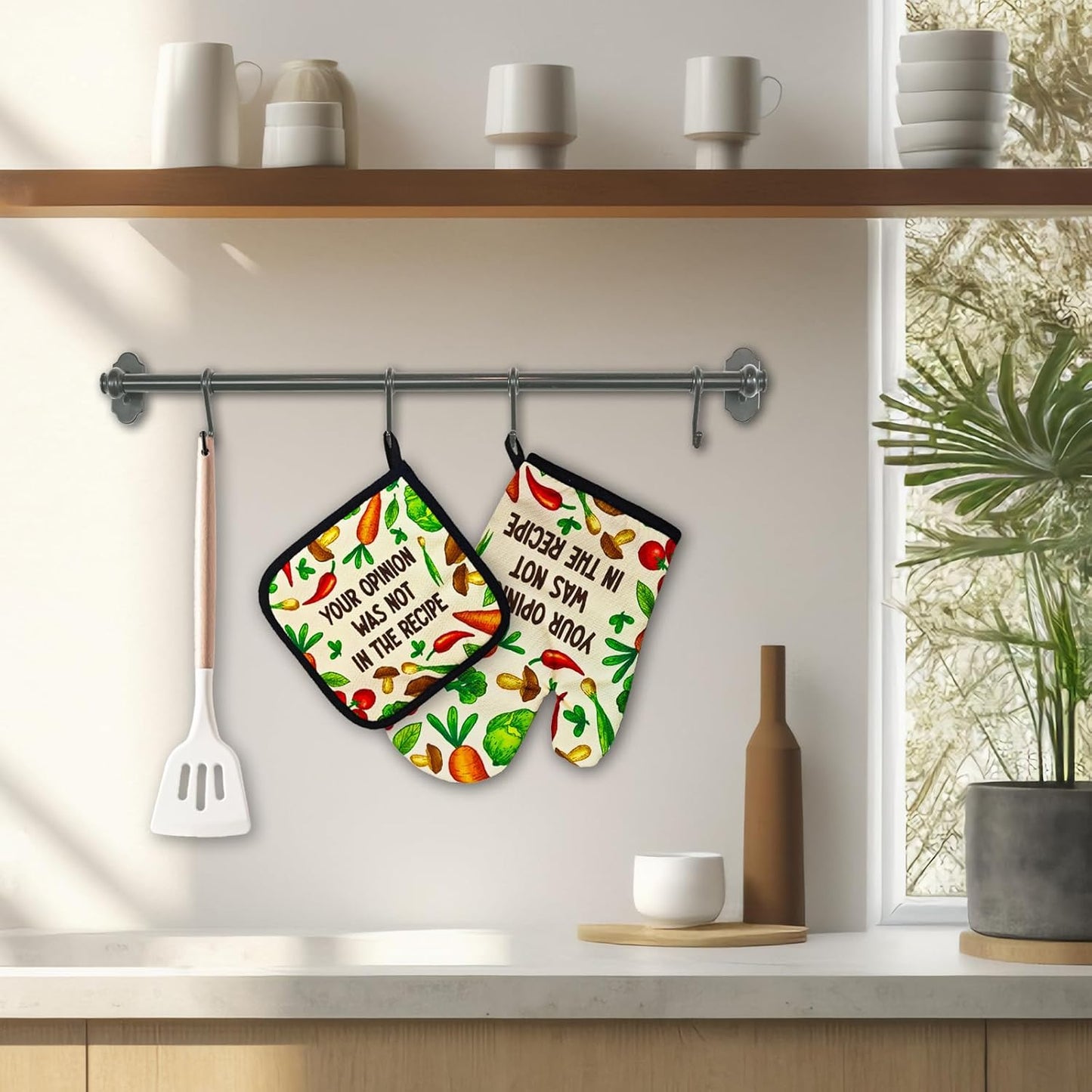 Funny Oven Mitts and Pot Holders（Set of 2） Your Opinion was Not in The Recipe Heat Resistant Mitt with Hanging Loop Cook Essentials Accessories Sweet Housewarming Gifts for Chef Hostess Mom