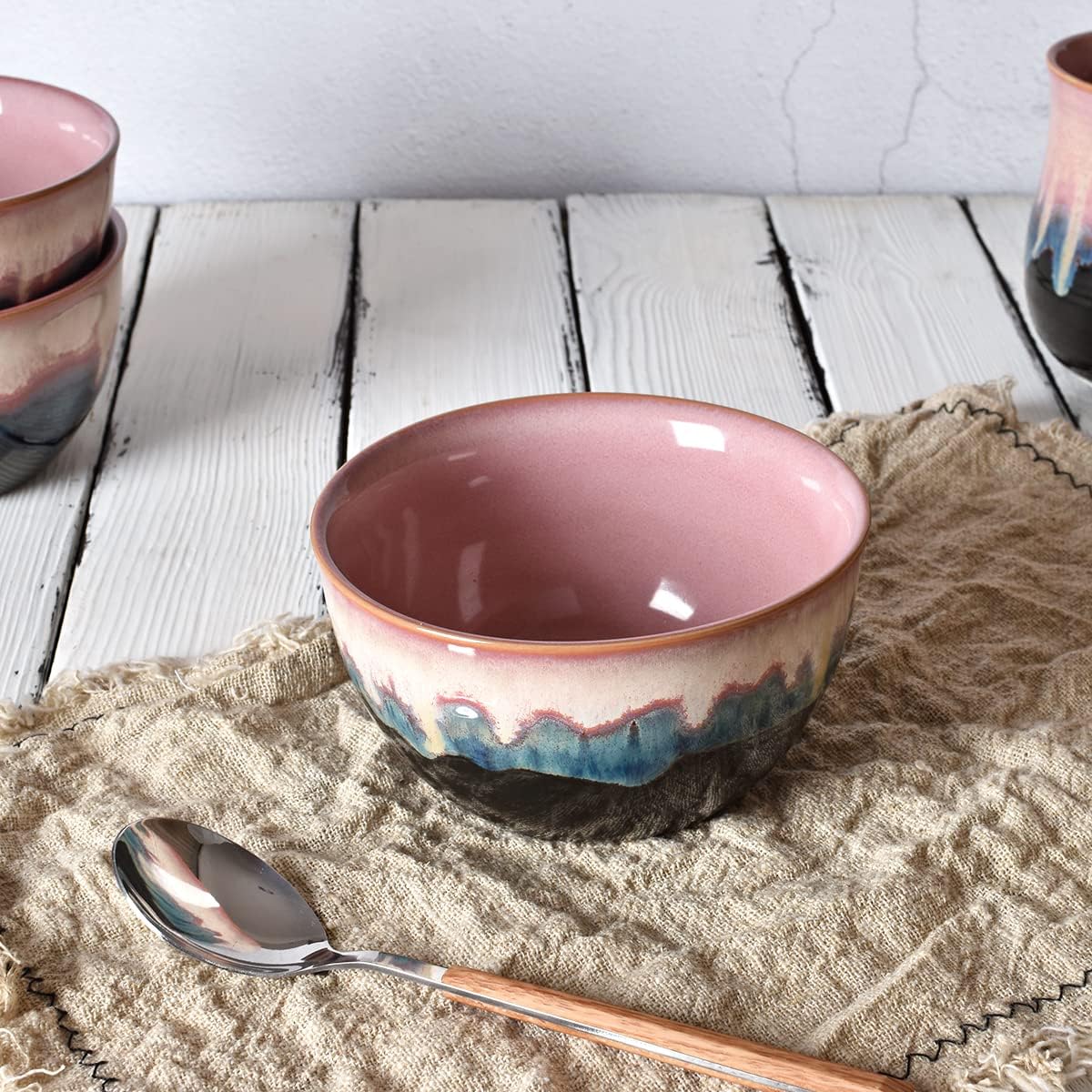 Bosmarlin Stoneware Cereal Bowls Set of 4, 26 Oz, Pink Soup Bowls for Oatmeal, Salad, Dishwasher and Microwave Safe, Reactive Glaze (26 Oz, Pink)