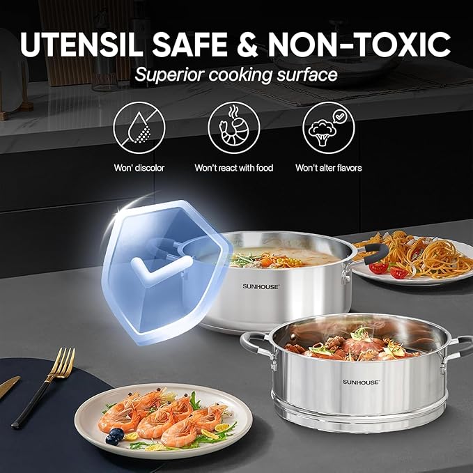SUNHOUSE - 4.6 Quart Steamer Pots With Lid 2-Tier Multipurpose Stainless Steel Steaming Pot Cookware With Handle For Vegetable, Dumpling, Sauce, Food - Triple Bottom, Measurement Line