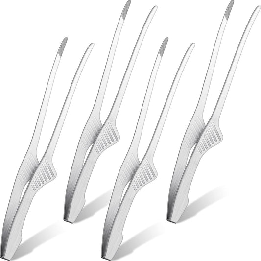 Patelai Korean and Japanese BBQ Tongs Non Slip Cooking Utensils Stainless Steel Tongs for Serving Food, Salad, Camping, Barbecue, Buffet, Oven with Support Stand(Silver,4 Pieces)