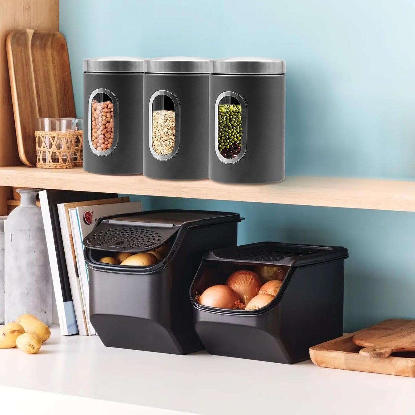 Canisters Sets for the Kitchen, 3pcs Sugar Flour Tea Coffee Storage Jars Stainless Steel Food Container Organizer for Kitchen Counter with Transparent Window (grey)