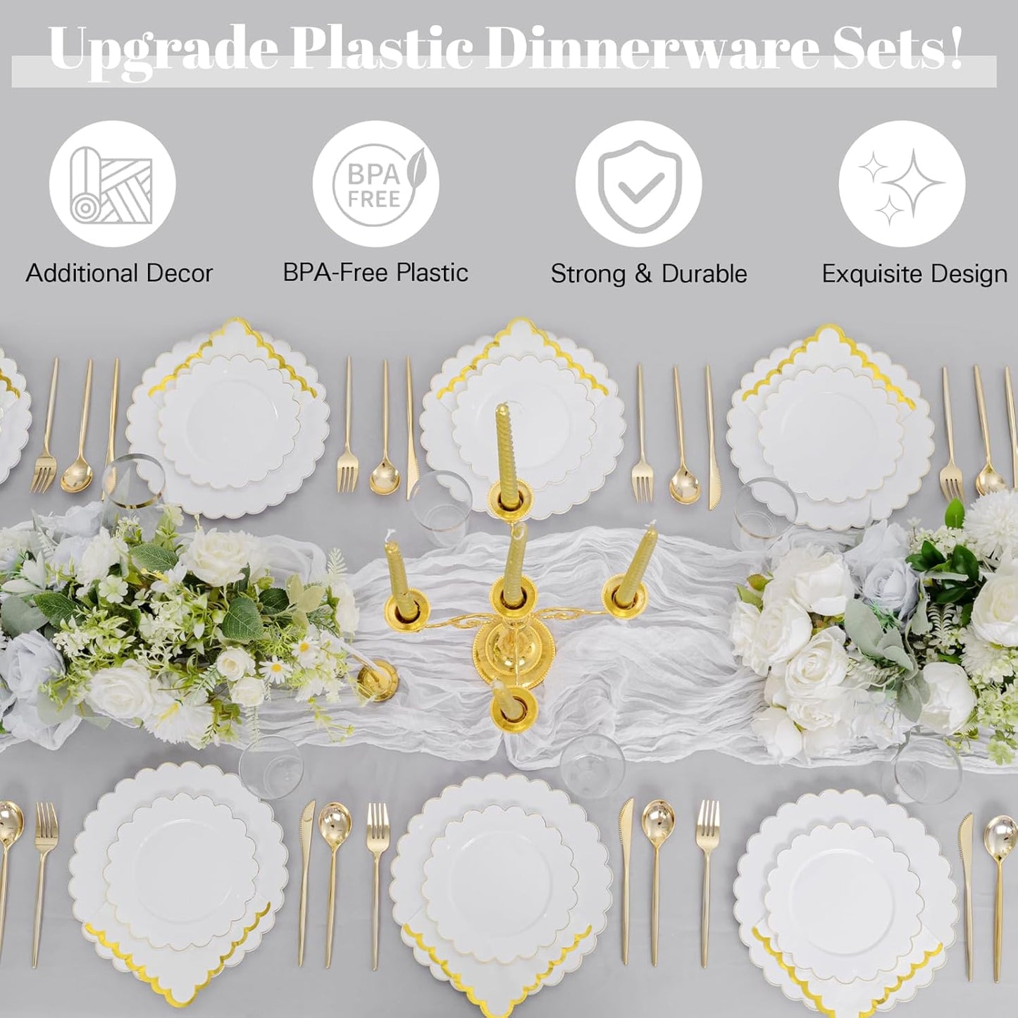 WONDERFUL 351pcs Upgrade White Plastic Plates - Plastic Dinnerware set with Fancy Gold Edges Includes 1 Table Runner 100 Disposable Plates 150 Silverware 50 Cups 50 Napkins for Wedding High End Party