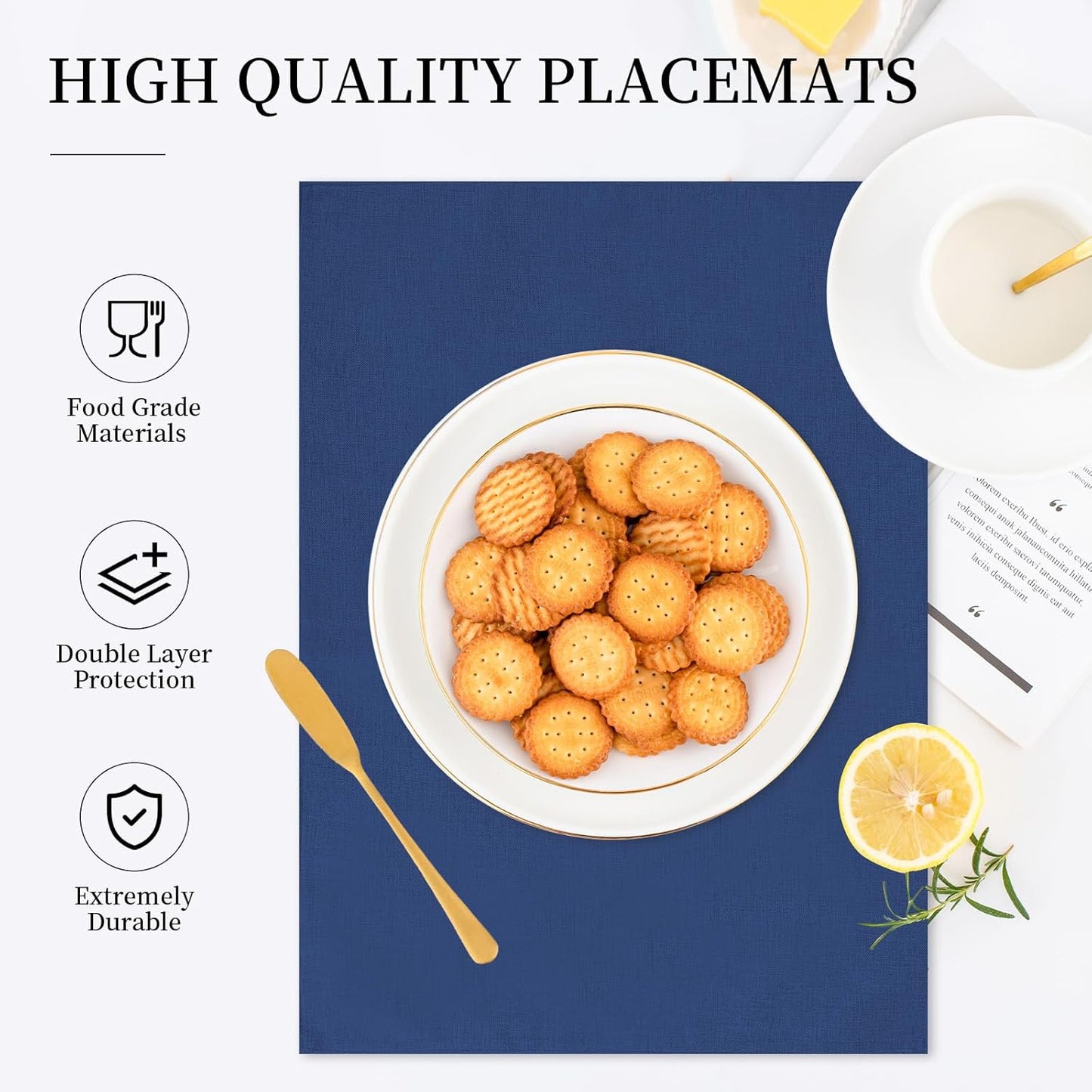 Placemats Set of 6 Linen Type Fabric Cloth Placemats, 19 x 13 Inch Double Layered Thick Wrinkle Free Heat Resistant Table Place, for Dining, Kitchen, Party (Dark Blue, 48 * 33cm)