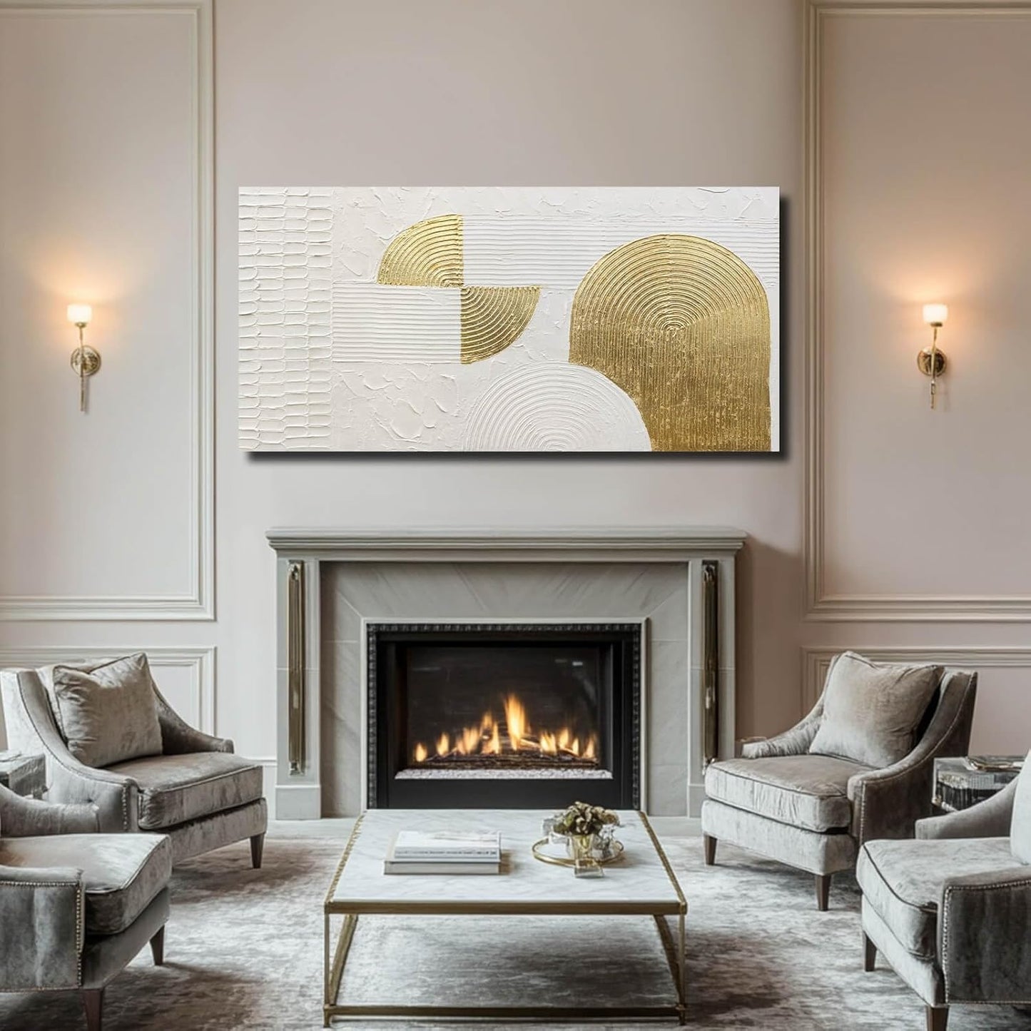 VAYIMDH Geometric Canvas Wall Paintings White and Gold Wall Art Contemporary Wall Decor 29"x58" Large Canvas Wall Art for Living Room Kitchen Artwork