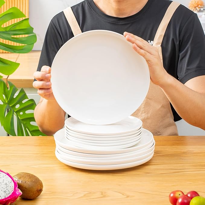 AntoKueh White ceramic plates set of 6, 10.3 Inch round Porcelain plate, 6-piece Salad dishes with shallow Edges for steak, Dessert, Dishwasher/Microwave safe
