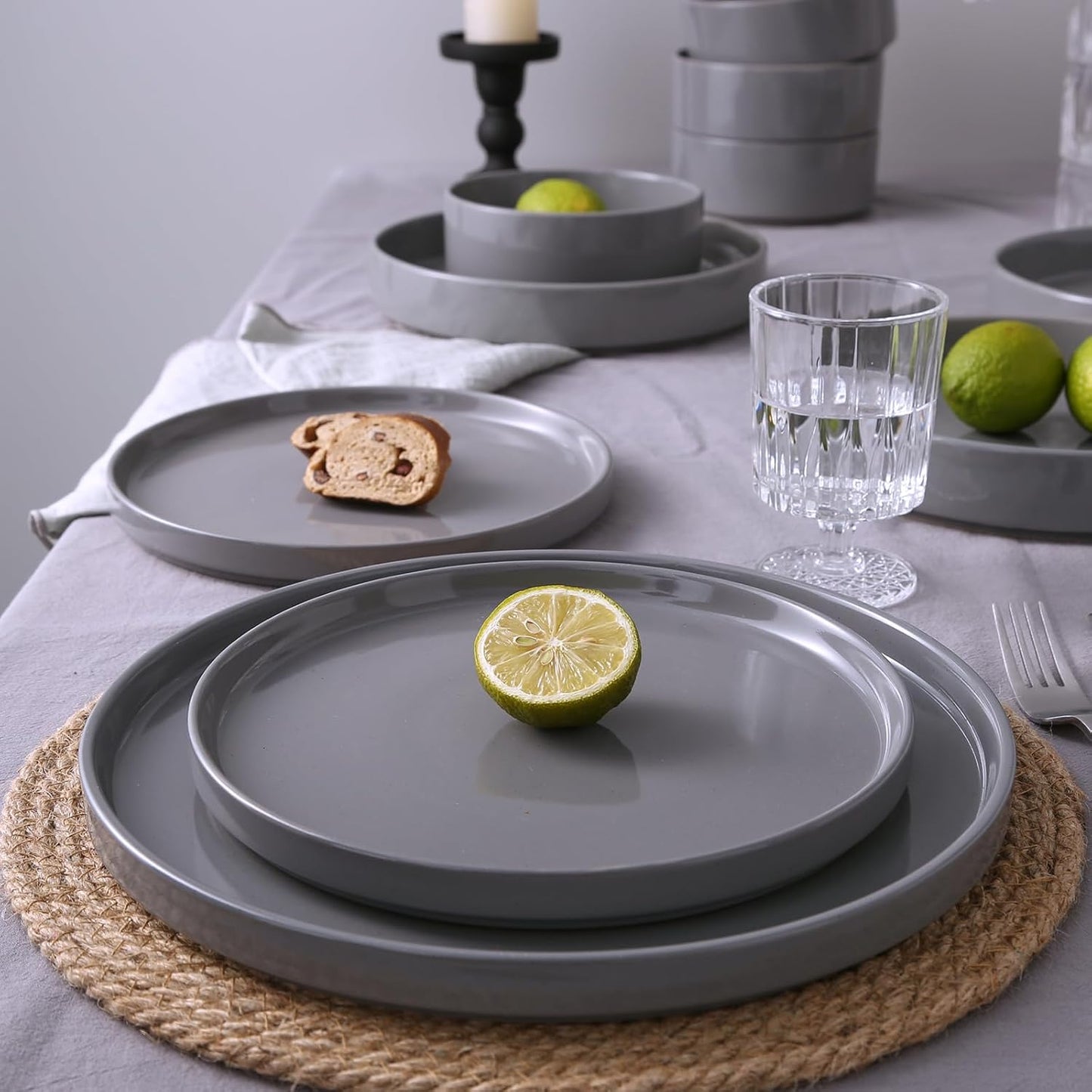 Famiware Nebula Dinnerware Set with Pasta Bowls, Service for 4 (16pcs), Fine Stoneware Plates and Bowls Sets, Microwave and Dishwasher Safe Dishes Set, Dark Gray