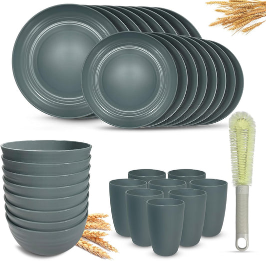 Kitchen Wheat Straw Dinnerware Sets (33pcs) Attached cleaning brush,Service For 8,Plastic Plates and Bowls Sets,Unbreakable Dinnerware,Lightweight Plastic Plate Set (gray)