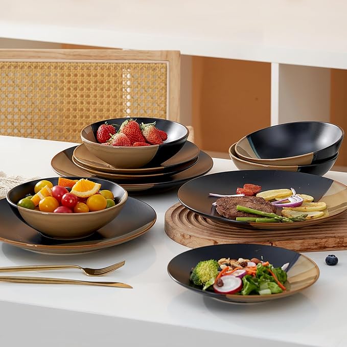 Beston Stoneware Dinnerware Sets Service for 4, 16 pcs Reactive Glaze Plates and Bowls Sets, Handmade Ceramic Dish Set, Highly Chip and Crack Resistant Modern Plate Set, Brown and Black