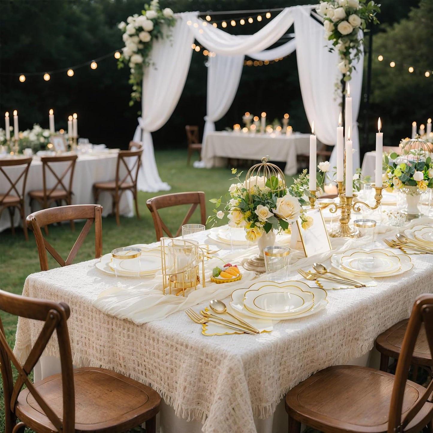 WONDERFUL 350PCS Ivory Plastic Plates for Party Plates Disposable Heavy Duty Ivory Gold Plastic Dinnerware Set for 50 Guests - 100 Disposable Plate,150 Silverware,50 Cup,50 Wedding Napkins for Wedding