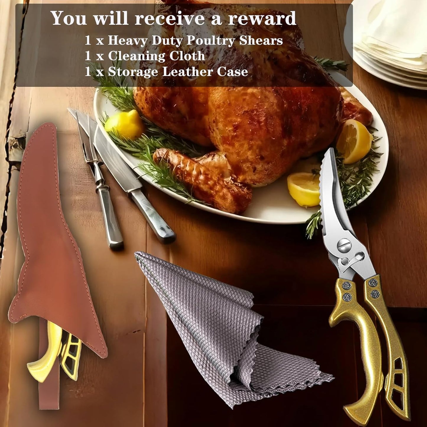 ANDONG Heavy Duty Kitchen Poultry Shears with Serrated Edge, Spring Loaded Kitchen Scissors, Professional Chicken Shears, Gold