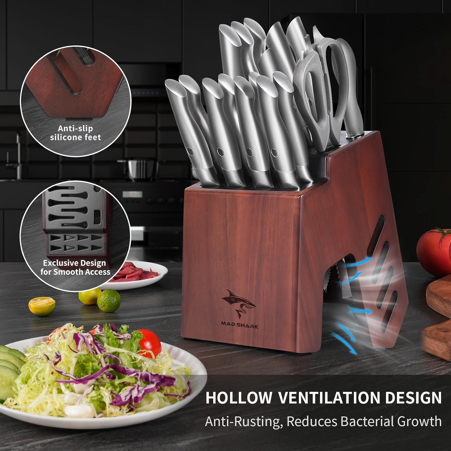 MAD SHARK Knife Set for Kitchen with Block, 17pc Cutlery Set, Built-in Sharpener, German Stainless Steel, Non-slip Ergonomic Handle, Dishwasher Safe