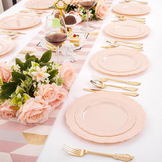 DaYammi 150Pcs Pink Plastic Plates & Gold Plastic Silverware,Pink Disposable Plates for Party Include 30 Dinner Plate,30 Dessert Plate,30 Gold Forks and 30 Spoons, 30 Knives for Wedding Bridal Shower