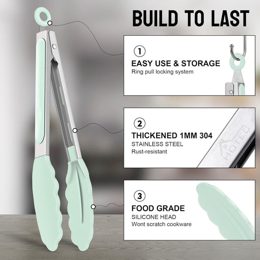 HOTEC Premium 7 & 9 Inch Kitchen Tongs, Stainless Steel Locking Cooking Tongs with Silicone Tips, Non-Scratch & Heat Resistant, Serving Tongs for Salad, BBQ, Light Green, Set of 2