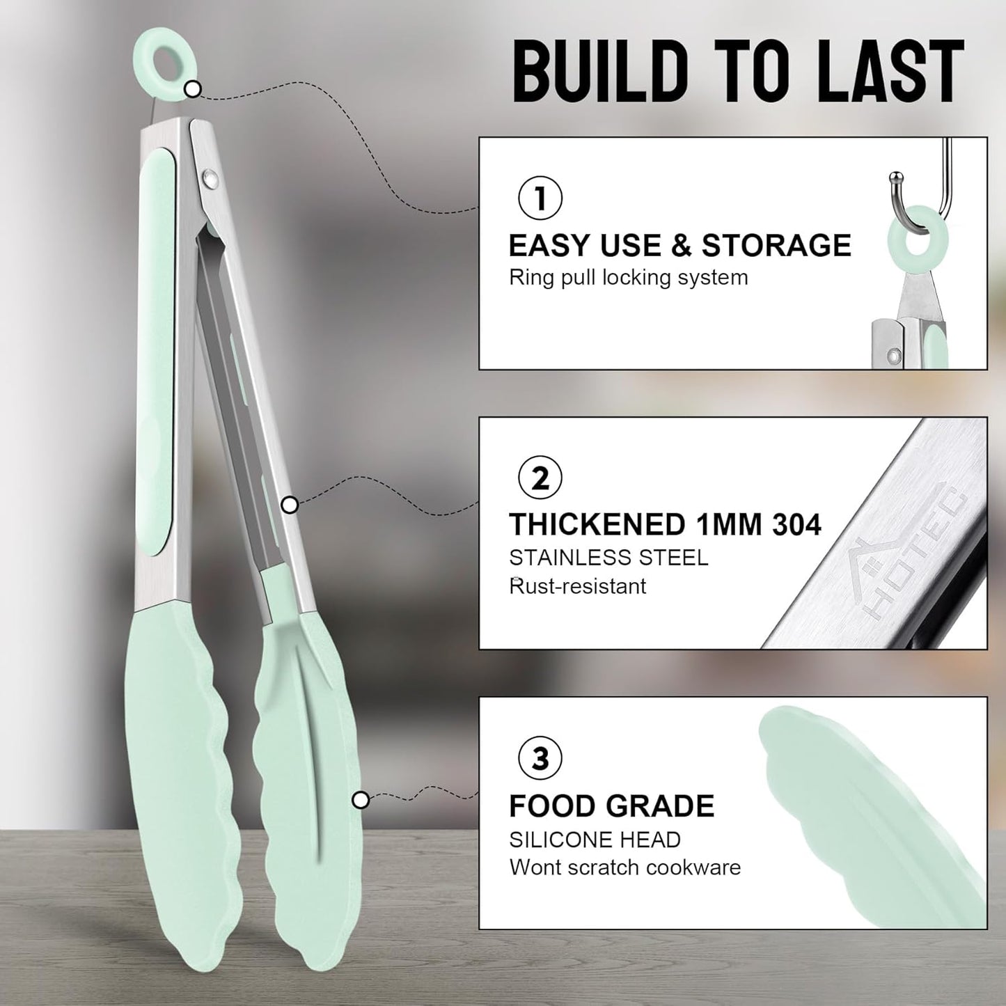 Hotec Premium Stainless Steel Locking Kitchen Tongs with Silicon Tips, Set of 2-9" and 12" Light Green