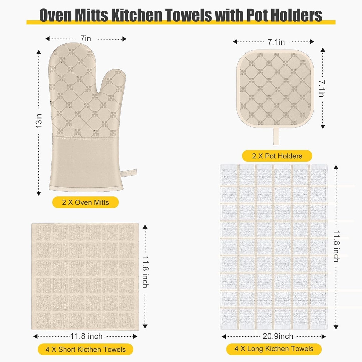 Oven Mitts Kitchen Towels Dishcloths with Pot Holders Sets 12PCS, Dish Towels Sets, Oven Gloves Pot Pads Heat Resistant 500 Degrees with Non-Slip Silicone Surface for Cooking Baking Grilling-Milkshake