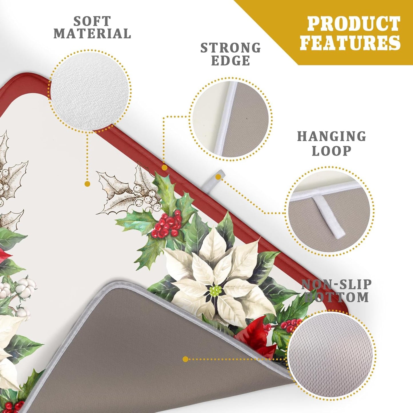 Christmas Dish Drying Mats for Kitchen Counter 18×24 Inch Red White Poinsettia Christmas Flower Large Microfiber Drying Mat Kitchen Accessories Dish Rack Mat Drainer Pad Washable Absorbent