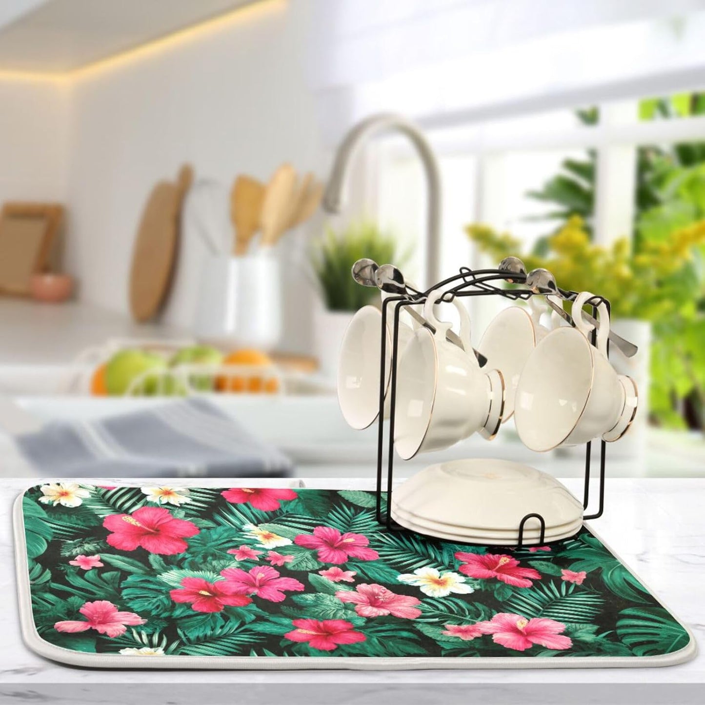 Tropical Flowers Leaves Pattern Dish Drying Mat for Kitchen Counter Super Absorbent Dishes Pad Reversible Microfiber Protector Dish Draining Mats 18x24 inch