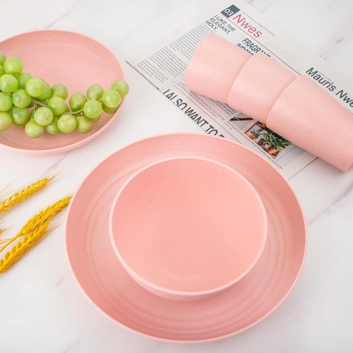 Supernal Pink Wheat Straw Dinnerware Sets,Unbreakable Dishes for 8, Plate and Bowls Sets, Reusable Plates, Microwave Dishwasher Safe Plates,Plastic Dinnerware Set, Pink Plastic Tableware