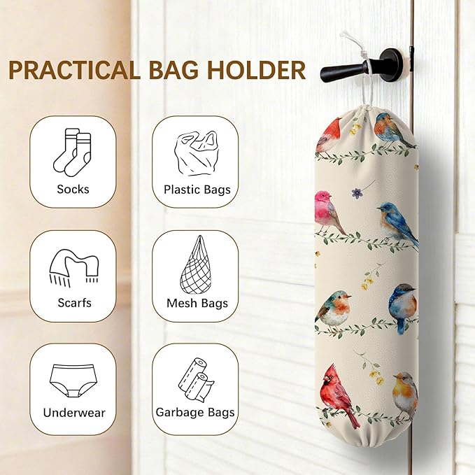 Bird Plastic Bag Holder, Wall Mount Organizer Reusable Hanging Canvas Grocery Bags, Bird Hanging Plastic Bag Dispenser for Kitchen Home Pantry Decor, Birds Shopping Bags Storage Dispenser