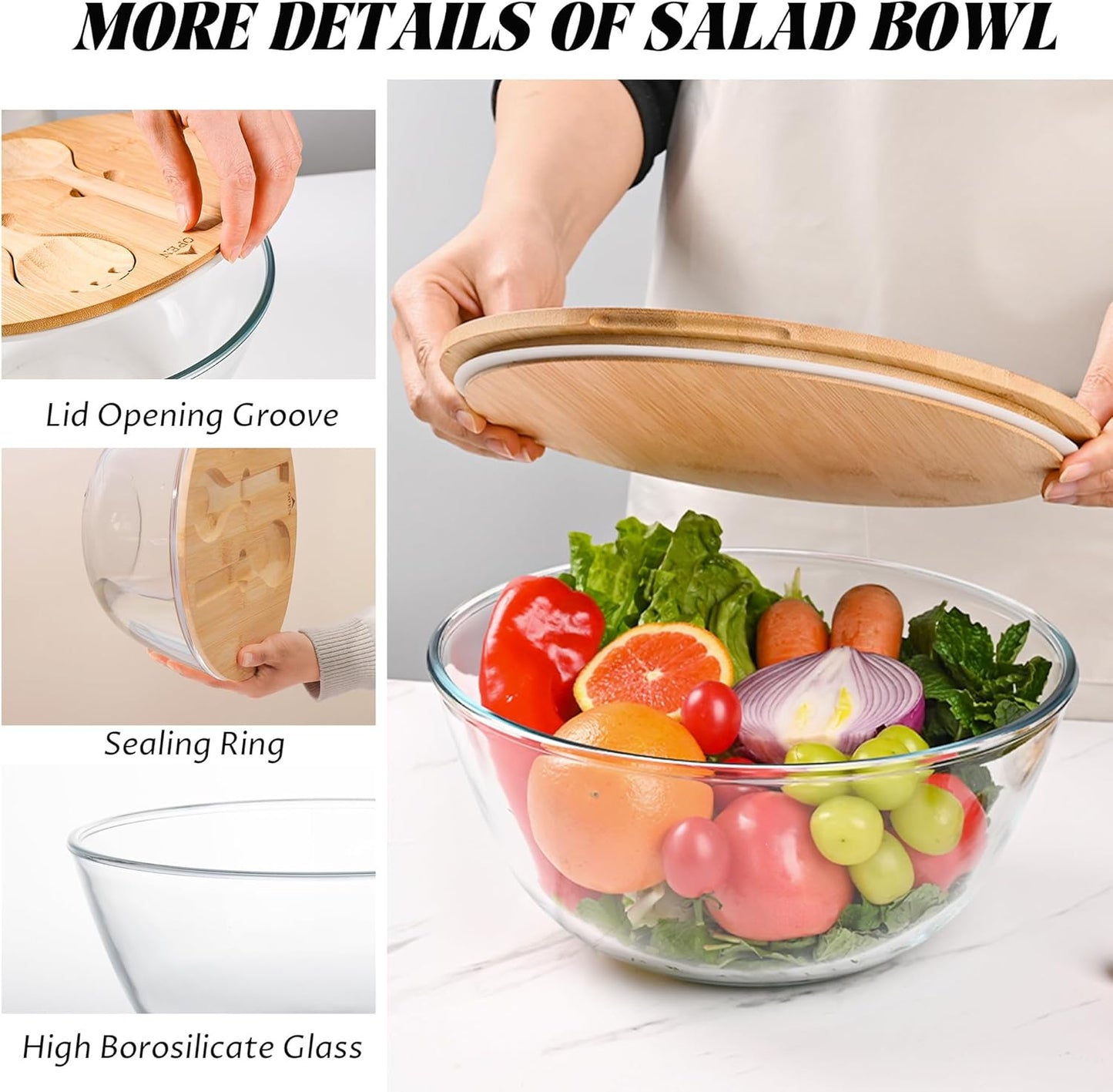 10.6" Glass Salad Bowl with Sealed Lid, 4.7 Quart Large Capacity Serving and Mixing Bowls with Utensils, Versatile Serving Dish for Salads, Trifle, Fruits, Pasta, Microwave Safe