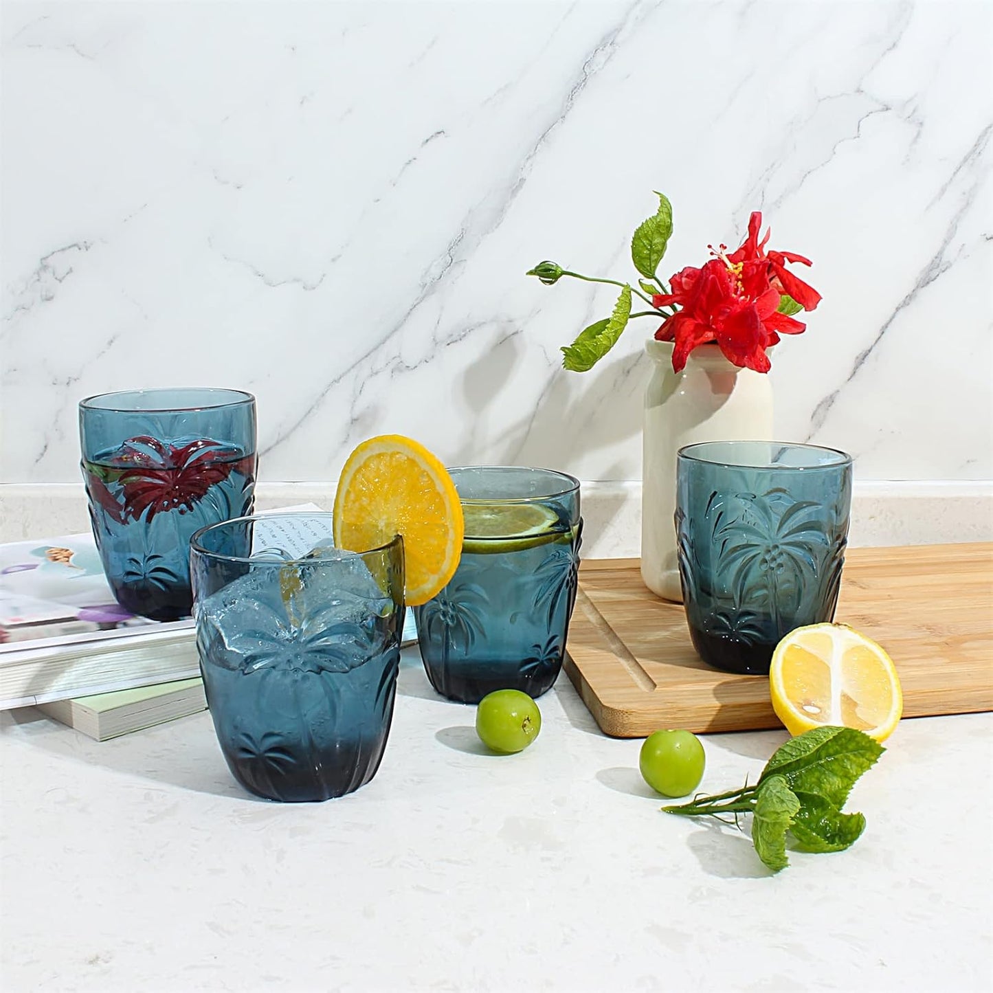 M&N HOME Colored Whiskey Glasses, Set of 4 Colorful Drinking Glasses, 9 Oz Coconut Cups, Glass Tumblers, Glass Cups for Water and Juice, Tiki Cups, Tropical Themed Glassware Set - BLUE SET