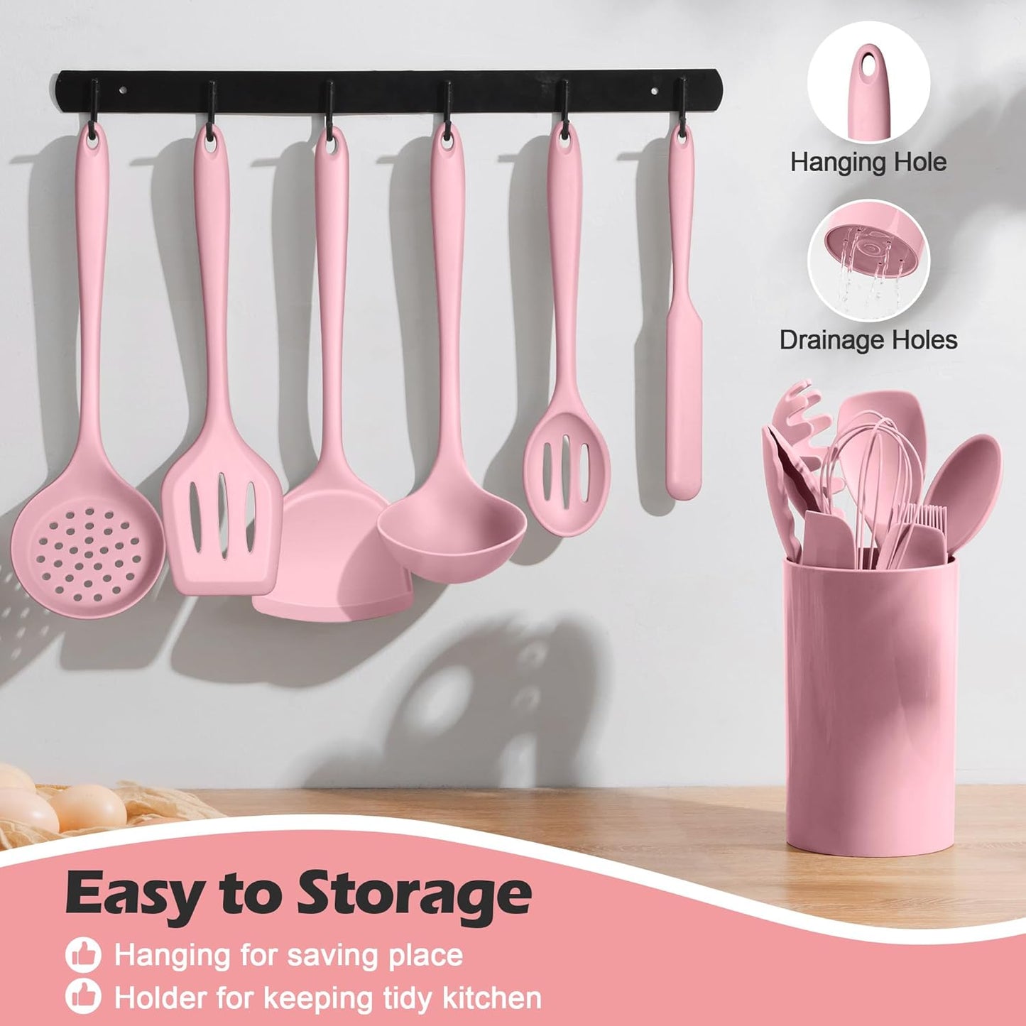 Homikit 15-Piece Kitchen Utensil Set, Silicone Cooking Utensils Spatula Set with Holder for Nonstick Cookware, Heat Resistant Kitchen Tools Gadgets for Cooking and Baking-Pink