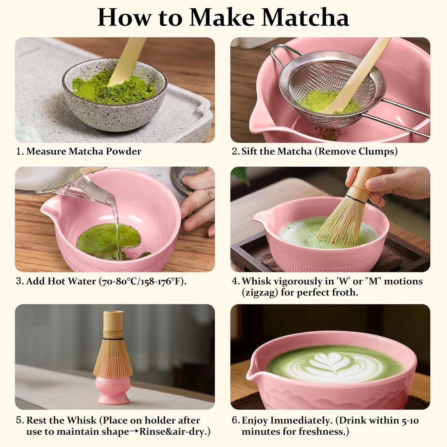 7PCs Pink Matcha Whisk Set Traditional Japanese Matcha Kit with Whisk and Bowl Matcha Making Accessories Bamboo Chasen Tea Spoon Holder Sifter Tea Towel Ceremony Macha Tea Set for Beginners