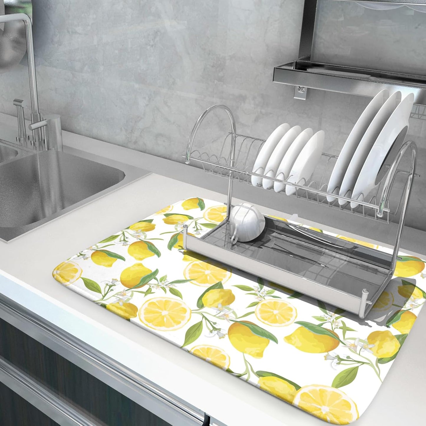 Lemon Drying Mats for Kitchen Counter 18×24 Inch Large Drying Mat for Dishes Yellow Lemon Kitchen Decor Accessories Watercolor Microfiber Dish mat Rack Mat Drainer Pad Washable Absorbent Dry Mat