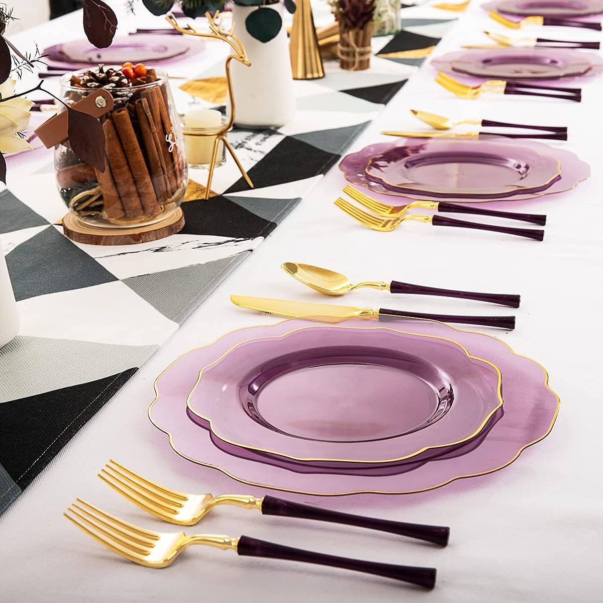 Ciaell 120PCS Clear Purple Plastic Plates - Purple Party Disposable Gold Plastic Plates including 48Plates, 24Forks, 24Spoons, 24Knives for Party & Wedding & Halloween