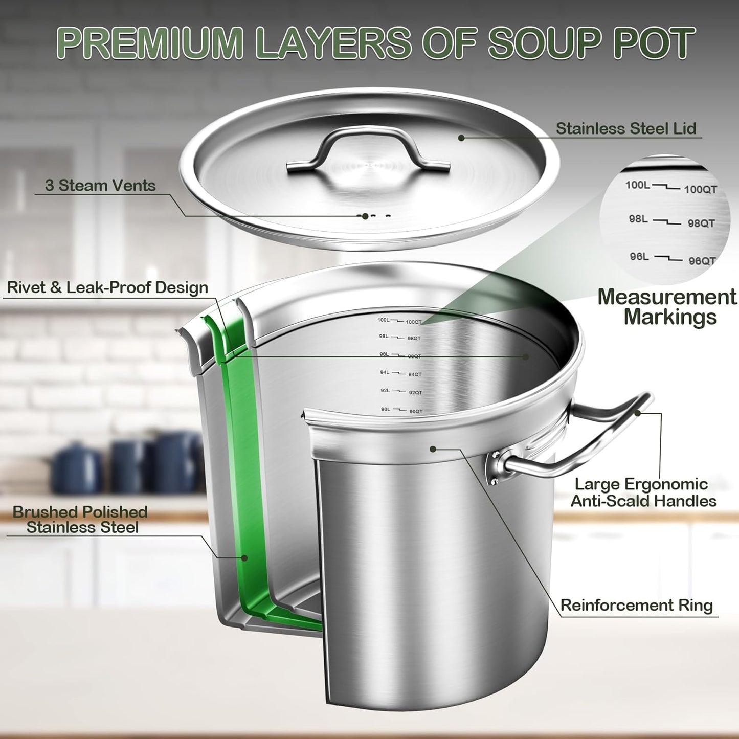 Commercial Grade Large Stock Pot - 100 QT Soup Pot with Lid - Non-Nickel Stainless Steel Stock Pots - Healthy Cookware Polished Stockpots - Heavy Duty Cooking Pots, Cookware Sauce Pots