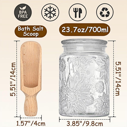 Glass Bath Salt Jar with Wooden Scoop, 23.7oz Bath Salt Container with Lid, Coffee Grounds Container, Coffee Canister