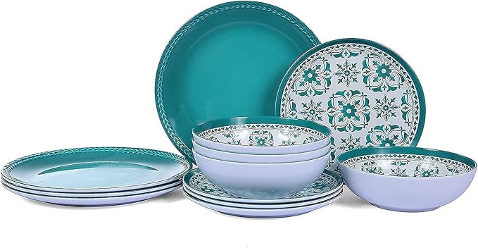 Melamine Dinnerware Set 12-Piece (Service for 4) – Dishwasher Safe, Unbreakable Lightweight Plates & Bowls for Indoor/Outdoor Use – Patio, Kids, Camping